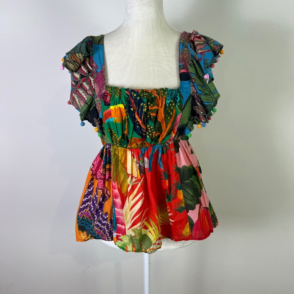 Farm Rio Women’s Multicolor Floral Bird Ruffle Spaghetti Strap Square Neck Top